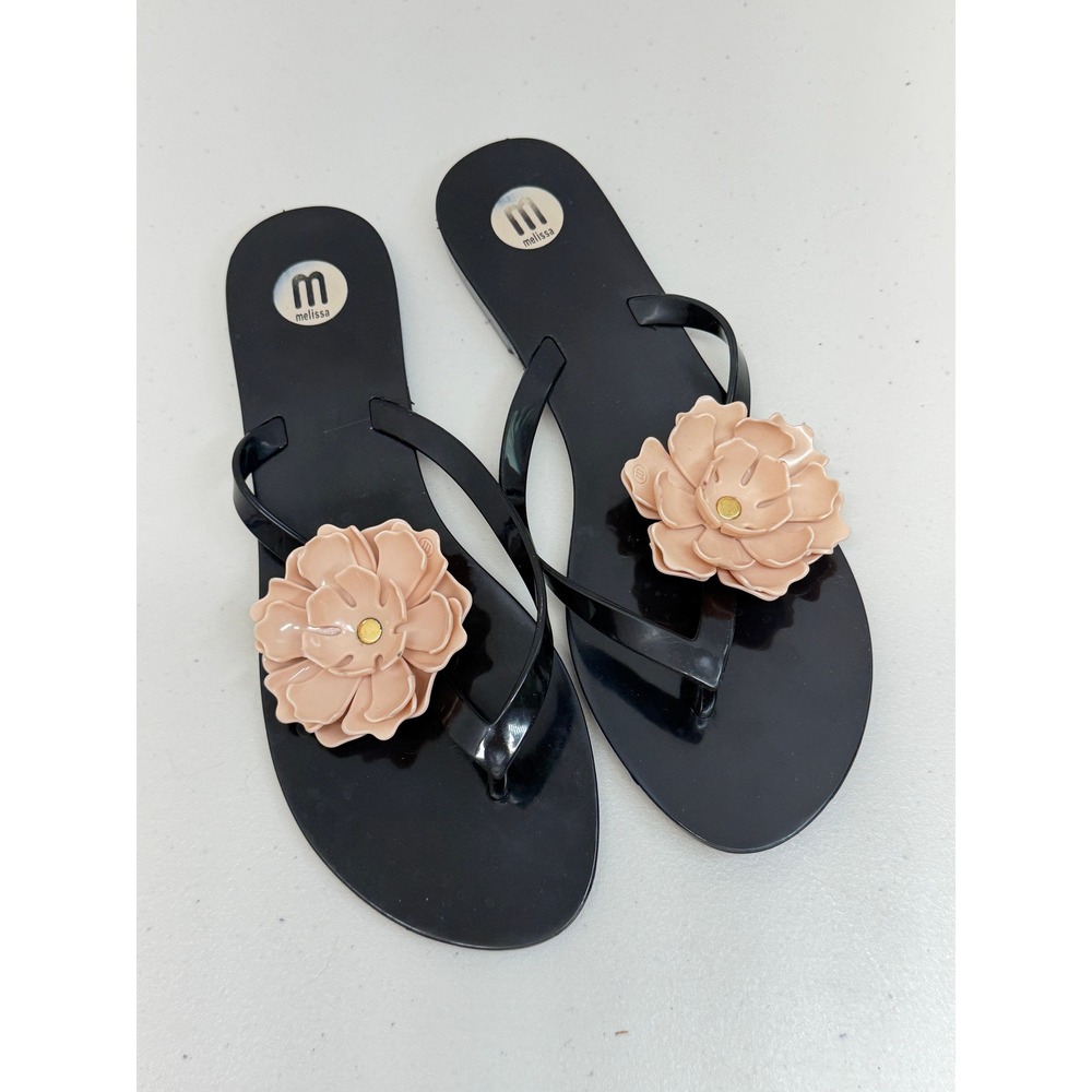 Melissa Querida Black Jelly Flip Flop Sandals Pink Flower US 8 BRA 37 - Picture 3 of 8